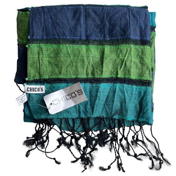 😊 3/$30 Chico’s silk blend scarf blues & greens NWT - Picture 1 of 11